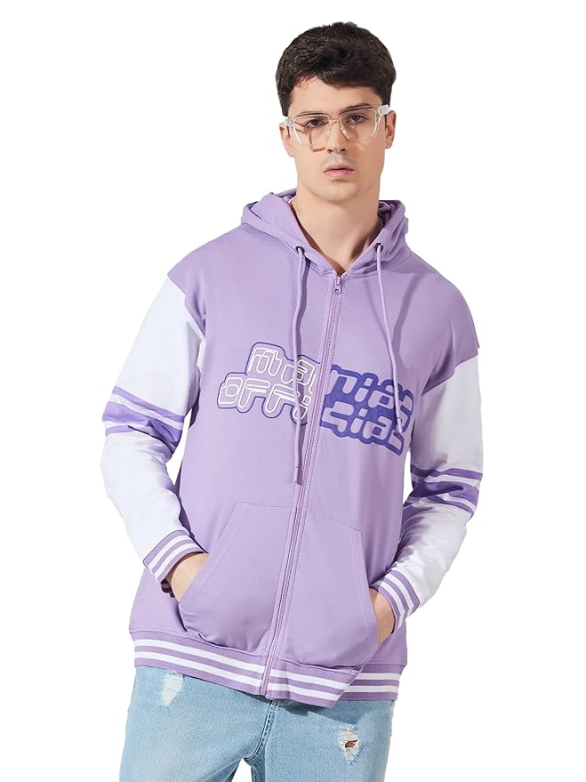 Buy Maniac Mens Hooded Neck Fullsleeve Printed Lavender and White